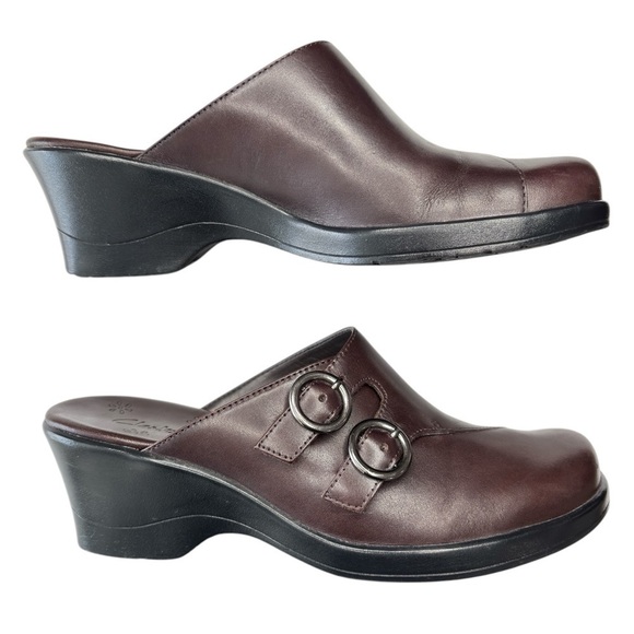 Clarks May Poppy Clog Size 6 Wedge Heel Mule Slip On Comfort Shoe Burgundy  NEW! - Picture 2 of 10